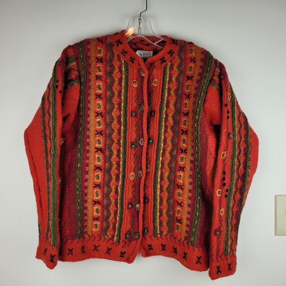 Newari hand knit red wool cardigan sweater Icelandic Design cozy artsy NWT S/M - Picture 2 of 11